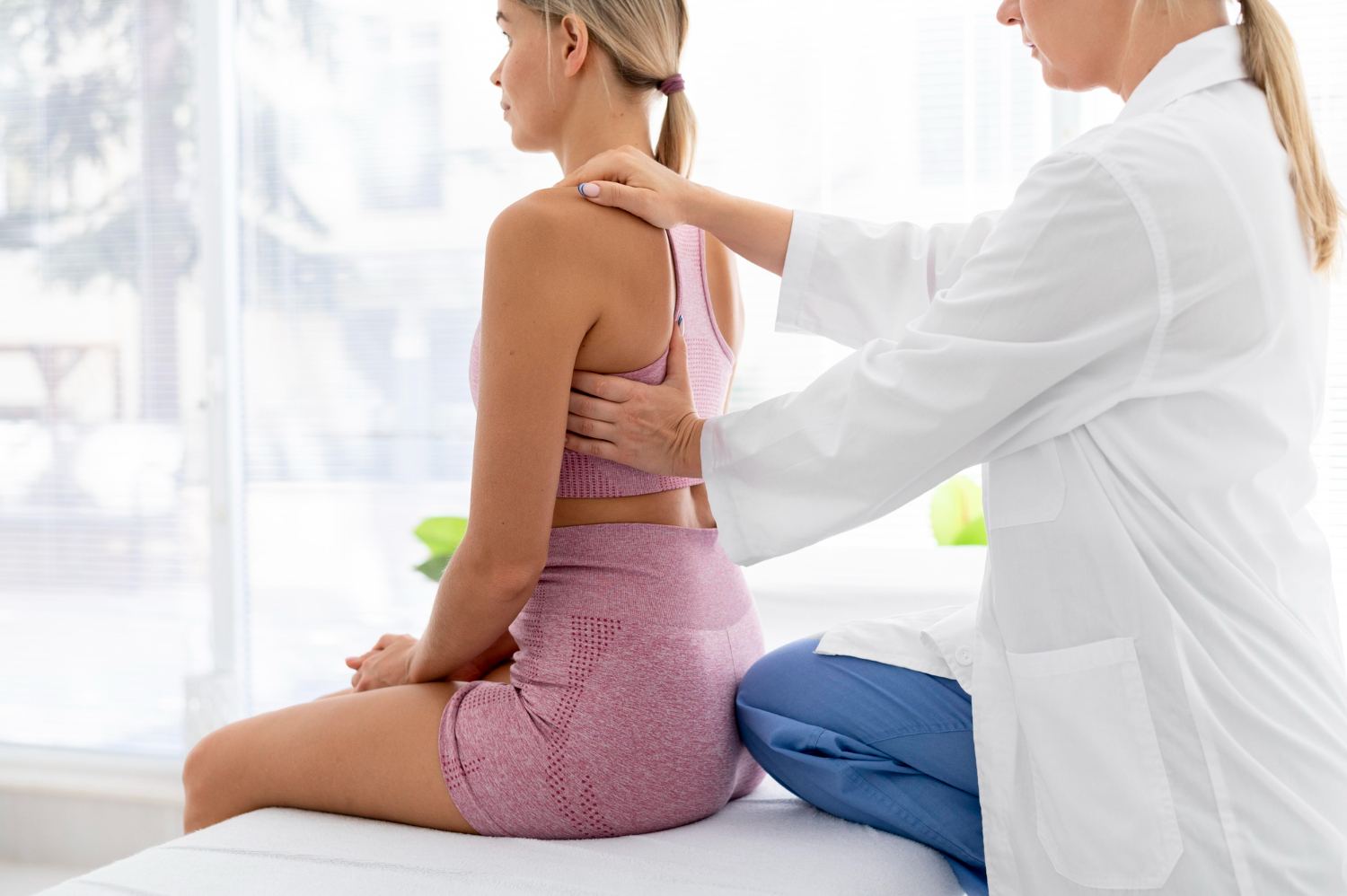 A physical therapist examining a young woman's back during a physiotherapy session A physical therapist examining a young woman's back during a physiotherapy session