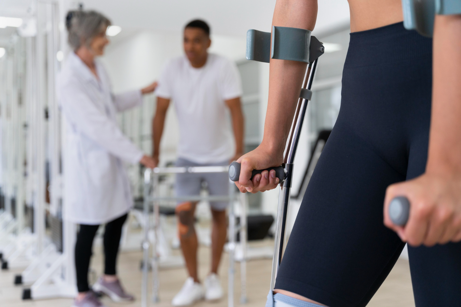 Medical assistant helping patients with physiotherapy exercises